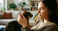Young woman in cozy sweater gently petting tabby cat at home. Peaceful bonding moment between pet owner and feline companion in comfortable living room setting.