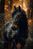 Majestic black horse with flowing mane against mystical autumn forest background with golden bokeh lights and falling leaves, creating dramatic atmospheric mood.