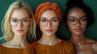 Diverse women wearing stylish eyeglasses pose against green background, showcasing modern optical fashion and natural beauty in warm autumn tones.