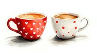 Two coffee cups with heart and polka dot patterns in watercolor style on white background for romantic cafe designs and Valentine's Day decorations.