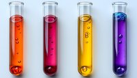 Colorful test tubes with bubbling liquid in orange, pink, yellow and purple, arranged in row on light background. Laboratory glassware with chemical solutions.