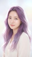 Young Asian woman with long wavy purple hair and natural makeup wearing white blouse against soft pastel background for beauty and fashion concepts.