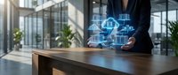 Businesswoman in dark suit interacting with glowing blue cloud computing hologram above office desk, showcasing digital data storage technology.
