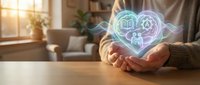 Person holding glowing holographic icons representing education, home and healthcare services in modern living room with warm sunlight streaming through windows.