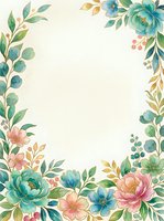 Watercolor floral border frame with teal, pink, and blue blooms, green leaves, and gold accents on a soft cream background with copy space.