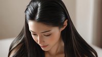 Young Asian woman with long dark straight hair looking down with gentle smile, natural makeup and glowing skin against neutral background. Wellness and beauty concept.