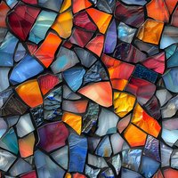 Colorful stained glass mosaic pattern in vibrant orange, blue, and red tones creates abstract geometric shapes with dark outlines. Seamless repeat design for backgrounds.