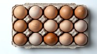 Fresh brown and beige chicken eggs in cardboard container on white background, top view arrangement showing natural color variations and organic texture.