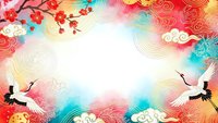 Asian-inspired frame with cranes, cherry blossoms and traditional cloud patterns in vibrant colors. Oriental decorative border for festive designs.