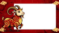 Chinese zodiac goat ram with golden ornamental swirls on red decorative frame with blank white space for text or design elements.