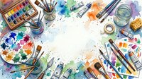 Artist workspace with watercolor paints, brushes, and art supplies arranged on white surface with colorful paint splatters and stains for creative projects.