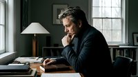 Middle-aged man with salt-and-pepper hair and light skin tone, wearing dark blazer, sitting at wooden desk in home office with lamp and books, hand to face in thoughtful pose, suitable for business, professional, and lifestyle editorial use.