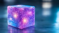 Glowing cosmic cube with galaxy pattern in purple and blue colors on dark reflective surface, magical space design element for creative projects.
