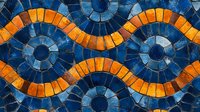 Decorative mosaic pattern with orange wavy lines and blue circular elements creates Mediterranean style design. Seamless repeat for backgrounds and surfaces.