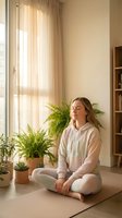 Young woman meditating in peaceful home interior with plants and natural light streaming through window creating serene wellness atmosphere.