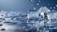 Melting ice cubes with water drops and splashes on blue background, macro photography showing crystal clear liquid dynamics and frozen motion effect.