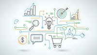 Business strategy concept with line art icons showing growth charts, lightbulb, target, shopping cart and dollar sign on white background for presentations.