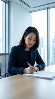 Asian businesswoman in navy blazer writing on document at desk in modern high-rise office with city skyline view, suitable for corporate, professional, and business themes.