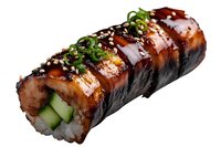 Grilled eel sushi roll with cucumber, rice, nori seaweed, topped with teriyaki sauce, sesame seeds and green onions on white background. Perfect for menu design.