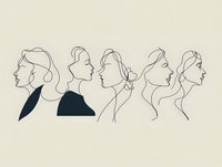 Minimalist line art of five female profiles showing different hairstyles and facial features on beige background, elegant continuous line drawing style.