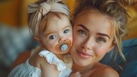 Young Caucasian mother with messy bun hairstyle and headband embracing baby with pacifier in white lace dress, warm intimate moment against blurred background.