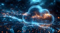 Glowing digital cloud with streaming data particles in blue and orange colors against dark background illustrates cloud computing and data transfer concept.