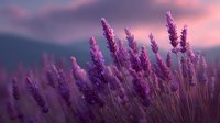 Purple lavender flowers against a dreamy sunset sky with pink clouds, creating a serene and romantic natural landscape.