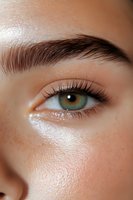 Close-up of green eye with long eyelashes and defined eyebrow, showing natural glowing skin with subtle freckles and dewy complexion for beauty and cosmetic advertising.