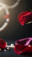 Red rose with water droplets and scattered petals on dark surface with bokeh lights and pearl necklace for romantic Valentine's Day celebration.