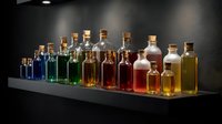 Assorted glass bottles with cork stoppers containing various colored liquids arranged in rows on dark surface with dramatic lighting.