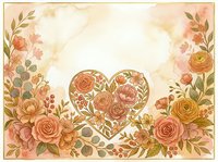 Watercolor floral heart with roses and wildflowers in warm peach and golden tones, vintage romantic style with copy space for greeting cards.