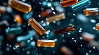 Floating amber and turquoise glass vials with scattered particles against dark background create dynamic pharmaceutical composition for medical and science designs.