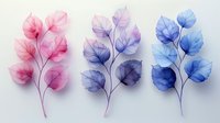 Delicate watercolor leaves in pink, purple and blue gradient colors arranged in three branches on light background, creating soft botanical art composition.