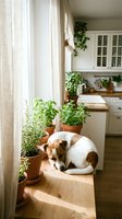 Cozy kitchen windowsill with small dog resting among potted herbs and plants in sunlit white farmhouse interior with natural wood countertops and cabinets.