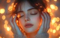 Young woman with closed eyes in cozy sweater surrounded by warm bokeh lights creating dreamy atmospheric portrait with orange glow and gentle expression.