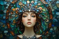 Young woman with peacock feather crown in mosaic style artwork, featuring turquoise and gold tones, dramatic fantasy makeup and ethereal appearance against stained glass background.