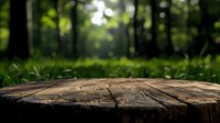 Empty wooden stump surface in green forest with natural bokeh background, selective focus on rustic wood texture for product display or montage.