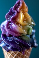 Swirled soft serve ice cream in waffle cone featuring vibrant purple, yellow, and green colors with sparkling sugar crystals on teal background, macro photography.