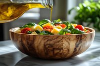 Olive oil pouring over fresh mixed salad with tomatoes, mozzarella and greens in wooden bowl. Healthy Mediterranean cuisine for cooking and dining.