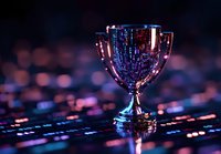 Glowing trophy on digital circuit board background with blue and pink bokeh lights creating futuristic atmosphere for technology achievement concepts.