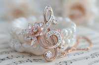 Elegant rose gold treble clef brooch with diamonds and crystal flower detail on sheet music background with pearl necklace, romantic musical jewelry composition.