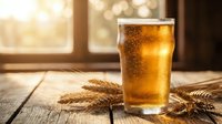 Golden beer glass with foam on rustic wooden table beside wheat stalks in warm sunlight streaming through window creating cozy pub atmosphere.