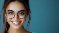 Young woman with bright blue eyes wearing round glasses smiles warmly against turquoise background, showcasing natural makeup and casual style for lifestyle and beauty content.