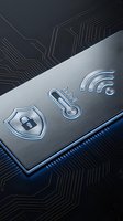 Metallic security icons including padlock shield, thermometer, and wifi symbol on brushed steel surface with circuit board pattern background, representing cybersecurity and data protection technology.