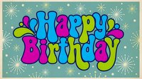 Happy Birthday greeting card with colorful bubble letters in blue, magenta, and yellow on teal background with gold and white starburst fireworks pattern, isolated on transparent background for greeting cards, invitations, and party designs.
