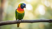 Colorful rainbow lorikeet perched on wooden branch against soft bokeh background, displaying vibrant orange chest, blue head and green wings in natural setting.