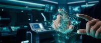 Businessman holding digital globe with glowing network connections in modern tech office environment, representing global connectivity, data transfer, and international business communication.
