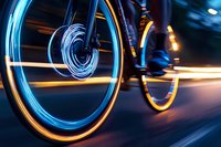 Illuminated bicycle wheels creating light trails at night with motion blur effect, combining blue and orange neon glow against dark urban background.