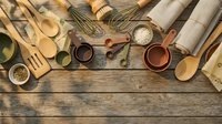 Wooden kitchen utensils and cookware arranged on rustic wood table. Spoons, whisks, bowls and cooking tools for culinary preparation and food styling.