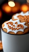 Halloween hot chocolate with spooky pumpkin face marshmallow and cinnamon cookies in white mug with warm bokeh lights background for autumn seasonal drinks.